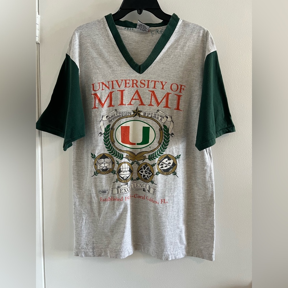 Unisex UM Miami Canes Football Gray and Green Tshirt